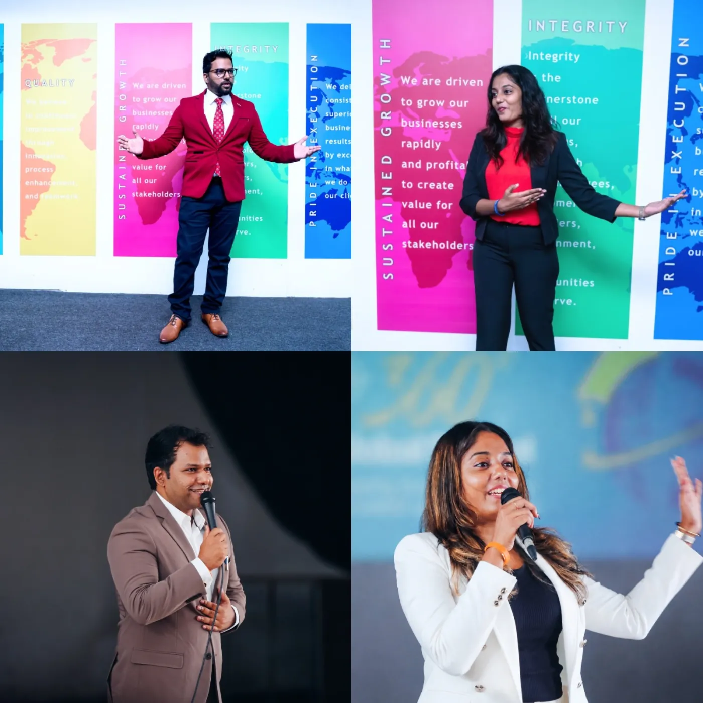 Paranitharan Nadarajah and Evangeline Paranitharan speaking on stage at company events