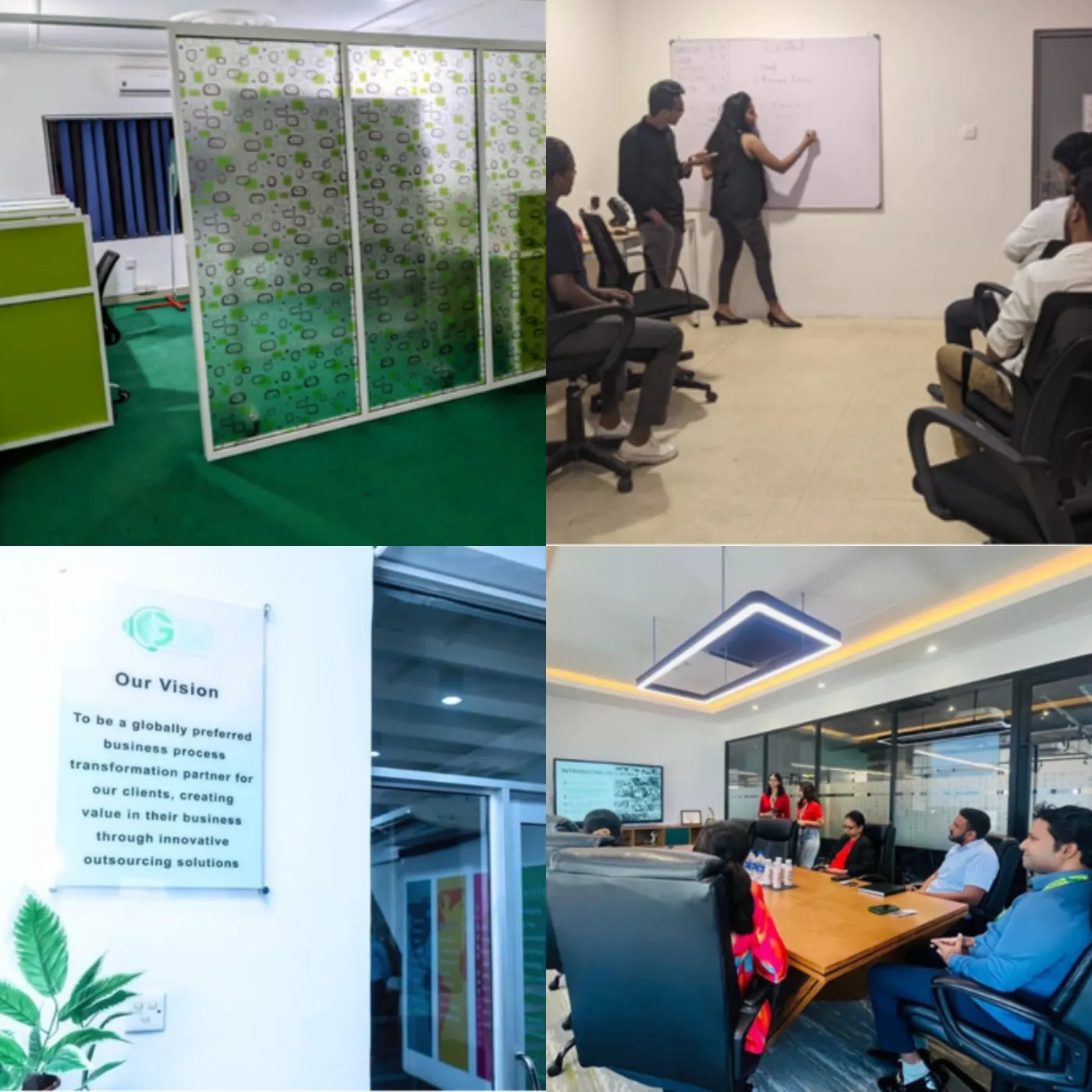 The earlier GPS offices: the original floor, a team briefing, the vision statement on the wall, and the boardroom as it is now