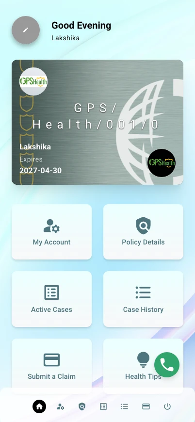 The GPS Health Hub policyholder app, showing a digital membership card and shortcuts to policy details, active cases, case history and claim submission
